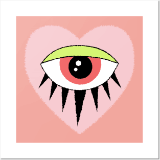 Evil Eye in Heart, Pastel Aesthetic and Neon Green, Pink, and Peach Posters and Art